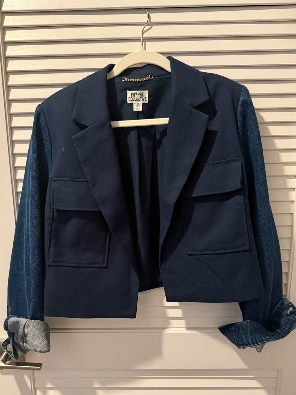 Navy Cropped Blazer with Denim Sleeves